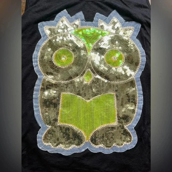 blush | ladies sequin owl tank top. Size: L. - Picture 2 of 8